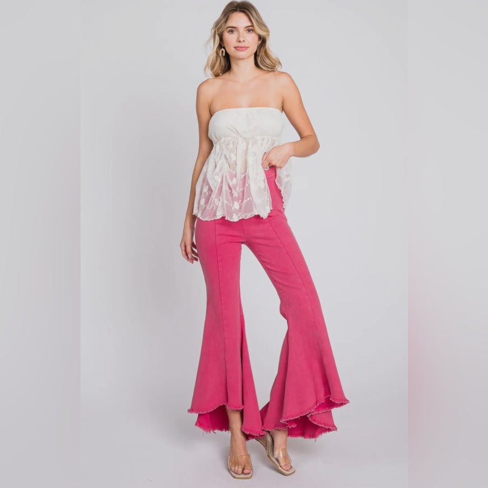 🟠 368B-HOT PINK. High Low Flared Stretch Jeans